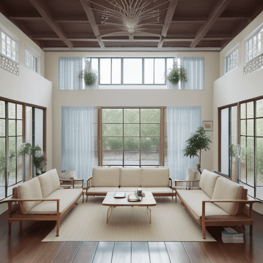 AI generated: High resolution photography interior design, dreamy sunken living room conversation pit, wooden floo...