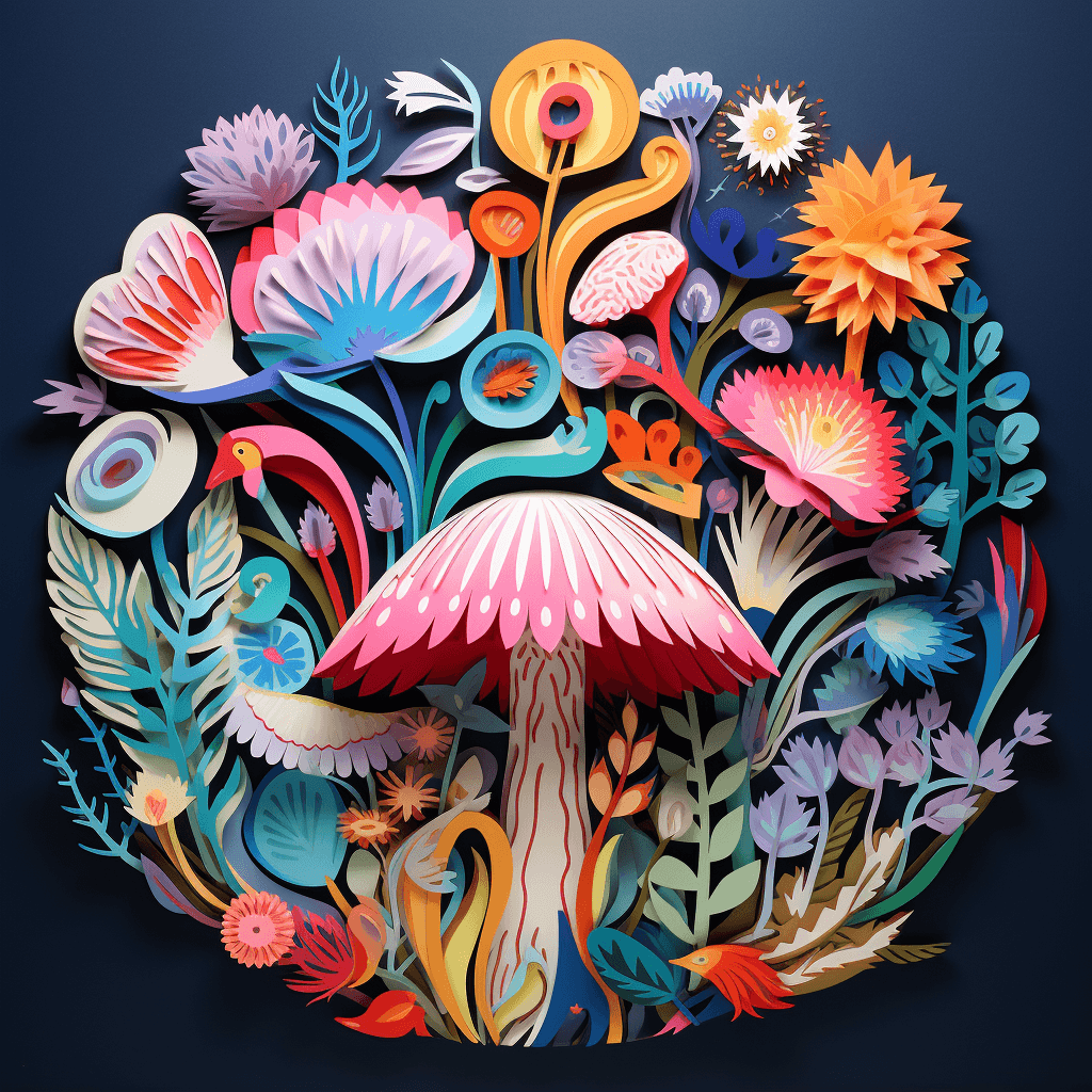 AI generated: A mushroom magical florest in the style of Pablo Picasso, paper cut artwork, layered deep, very deta...