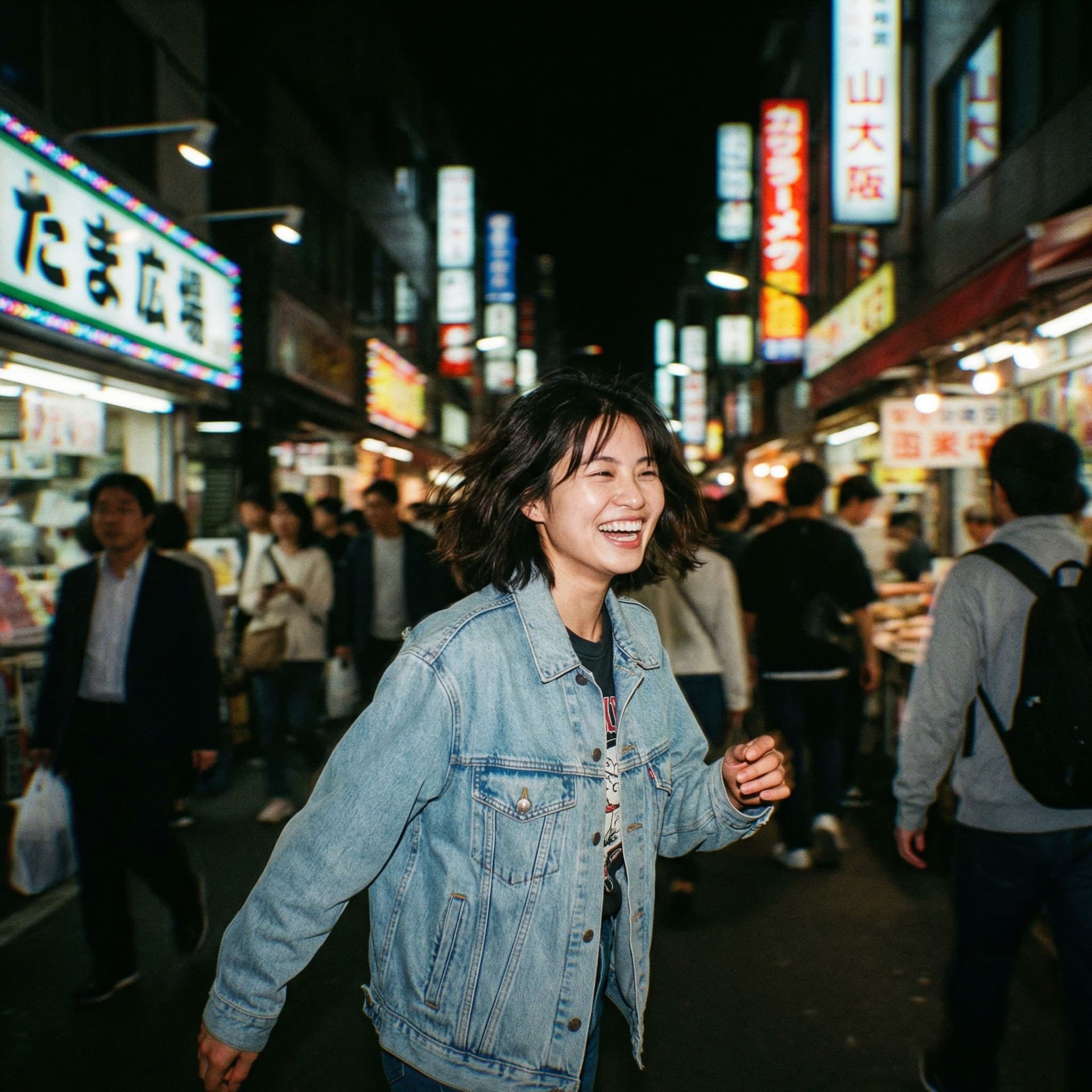 AI generated: Street style photo of a young woman laughing naturally while walking through a crowded Tokyo market ...
