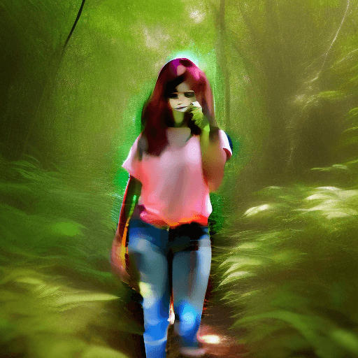 AI generated: A 17 year old Indian girl is posing in a natural trail in a jungle , she is wearing a loose pink tan...