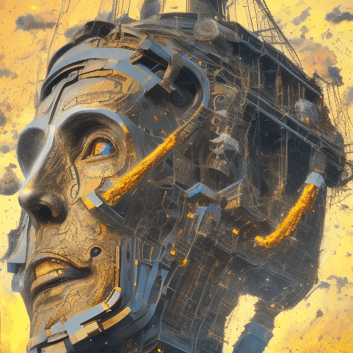 AI generated: a silhouette of a titan head, has a tower strapped around his head, double exposure titan-tower, lit...