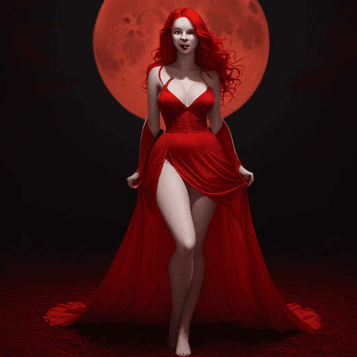 AI generated: Full body photo realistic portrait of a beautiful and alluring red haired vampire woman bathing in t...