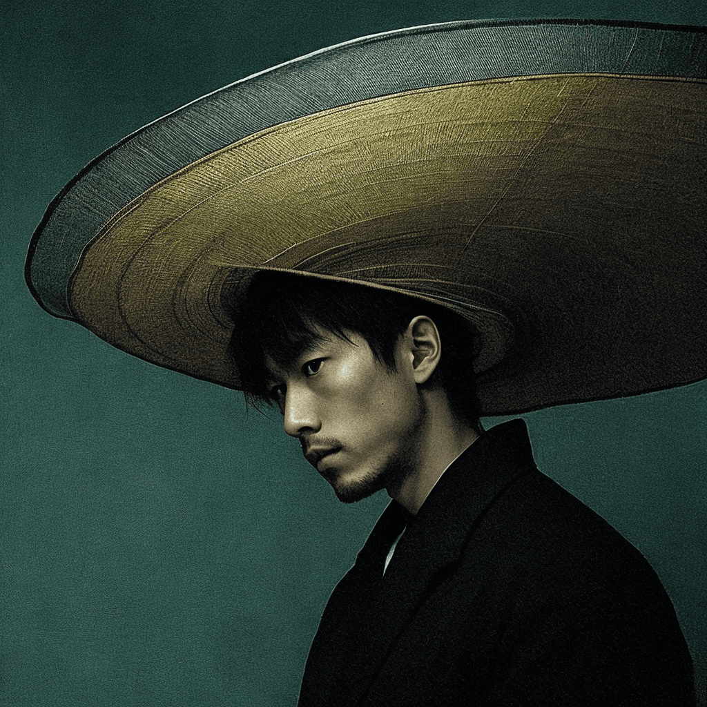 AI generated: (victo ngai,schizophrenic samurai, enormous abstract shaped hat, cinematic film still, by Alessio Al...