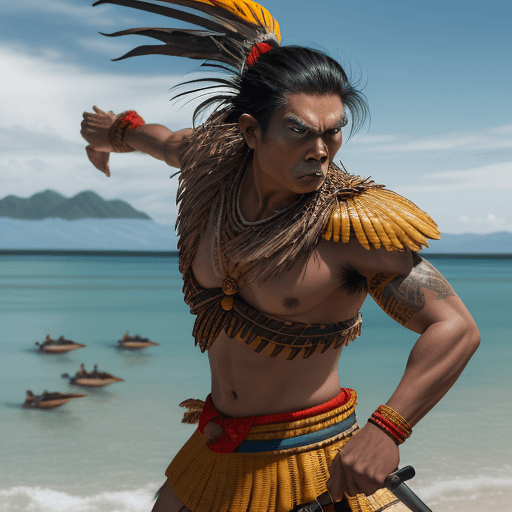AI generated: "Close-up of Lapu-Lapu, his expression fierce and determined, standing on the shore with his warrior...