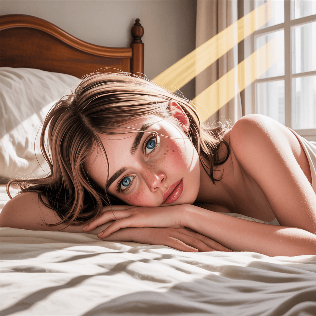 AI generated: an attractive young woman with blue eyes lying face down on the bed, in the style of animated gifs, ...