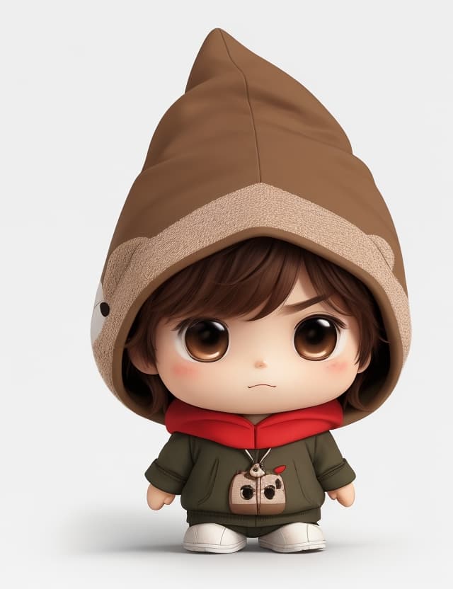 AI generated: 3D animation minimal art toy charactor a chibi boy , boring eyes ,brown hair , frowning still a life...