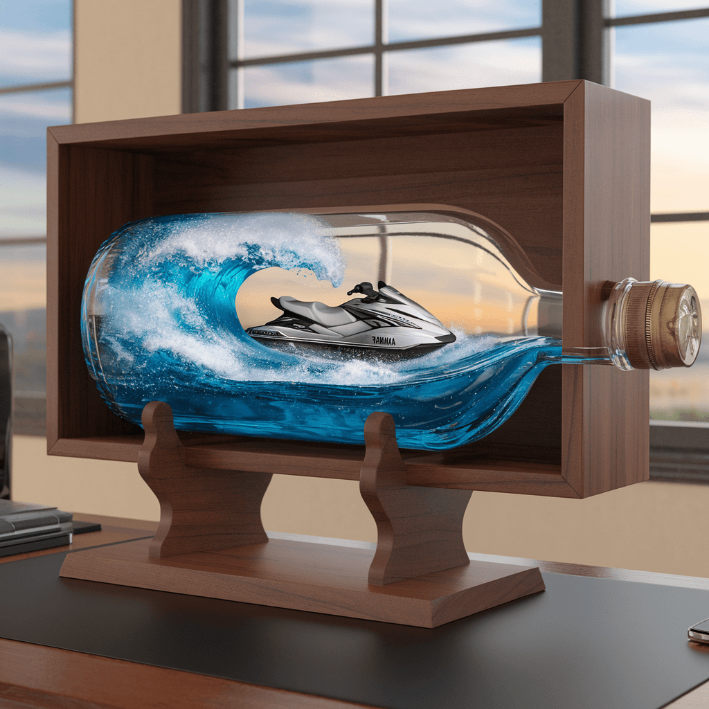 AI generated: A realistic ship in a bottle, featuring a black Yamaha 3 seat jet ski jumping a big wave ((Chaos)) w...