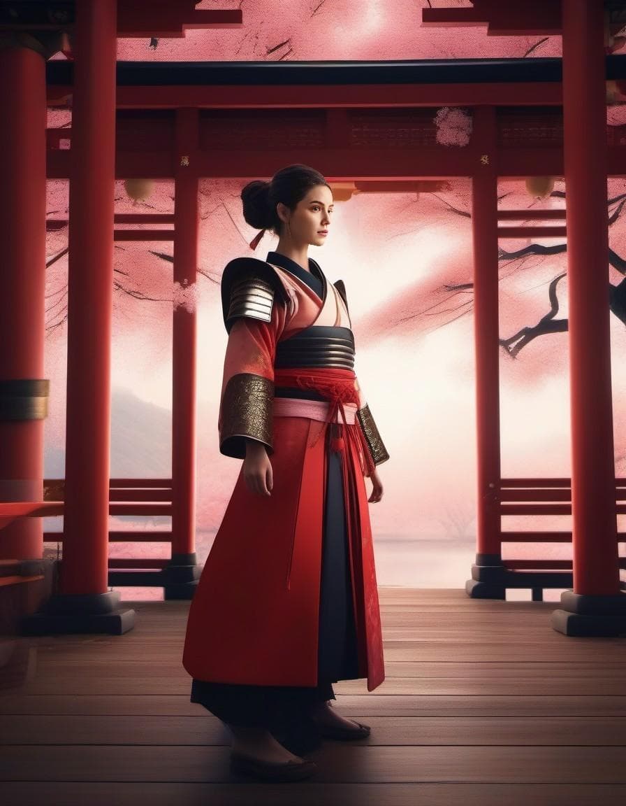 AI generated: Young Samurai with long black hair and ponytail, wearing samurai armor, standing in a Japanese templ...