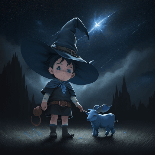 AI generated: Children’s drawing of a cute blue boy witch with a cute blue calf traveling the starry sky, dramatic...