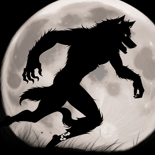 AI generated: wolfman in a silhouette runs in front of the moon  while a she werewolf — his newest ally in the war...