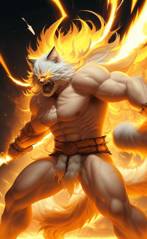 AI generated: Long fur stood up like the flames of a white cat warrior,An enormous aura, clear and bright, glowing...
