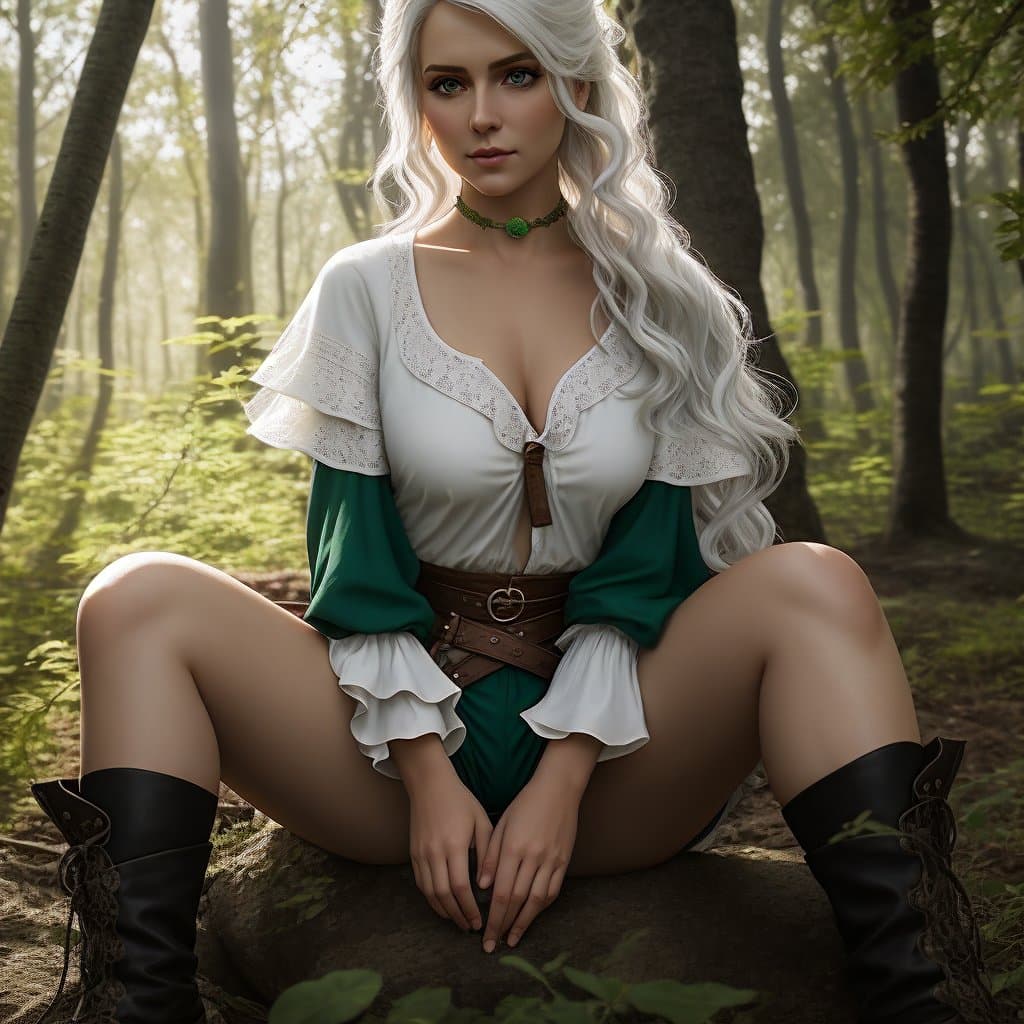 AI generated: georgeous female dressed like Princess Ciri from Witcher 3 game, long white hair, bright green eyes,...