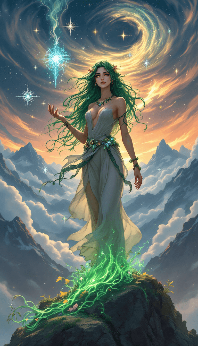 AI generated: The Celestial Geomancer: A powerful and serene sorceress with long, flowing, emerald green hair that...