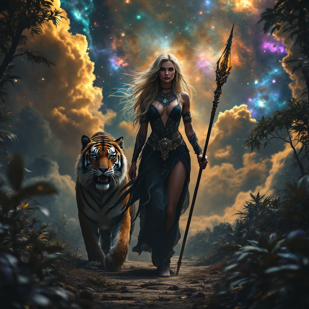 AI generated: Hyper realistic, photo realism, zoomed out full body HD Photo of beautiful, Amazon warrior queen wal...