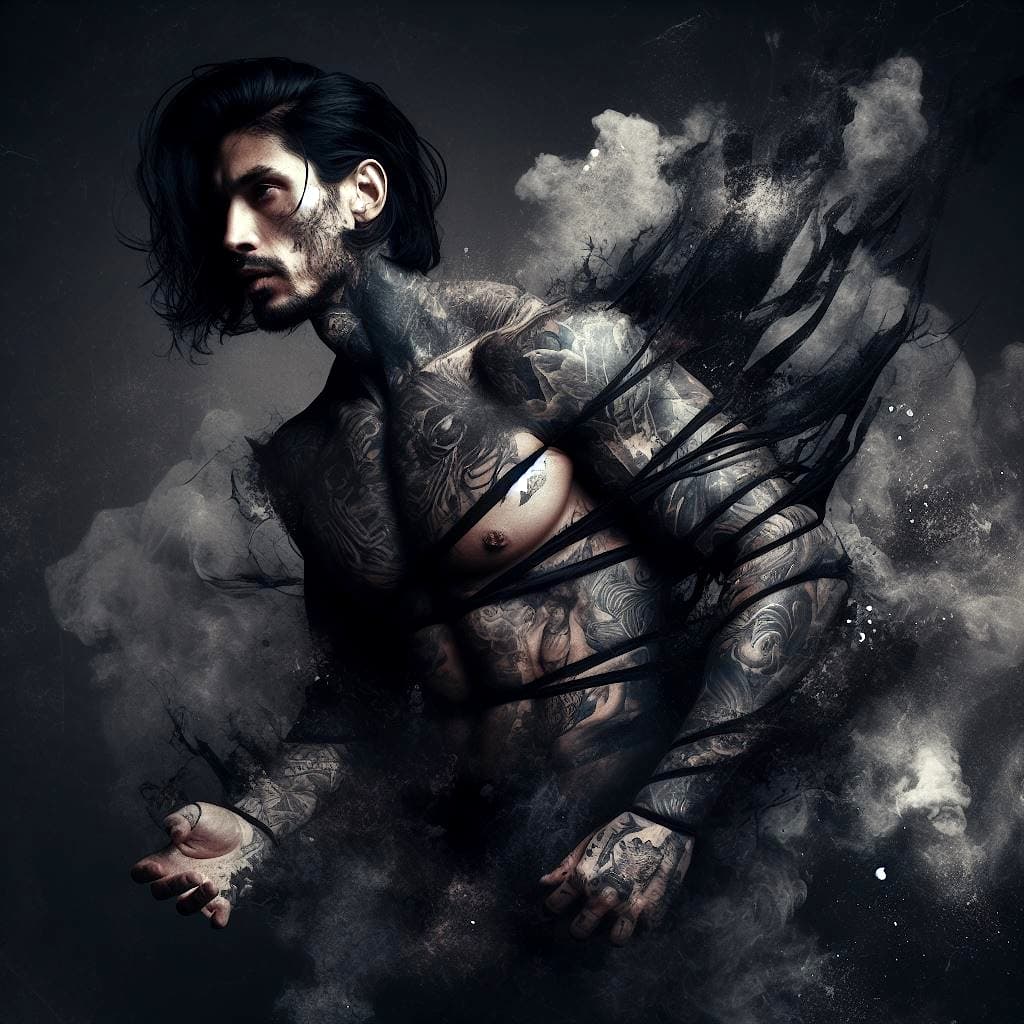 AI generated: A portrait of a dark haired man with tattoos coming out of a cloud of dark magic, in the style of Gu...