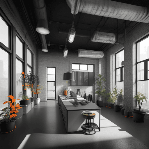 AI generated: industrial interior style – architect design office，in concrete, brick and black steel.  large windo...