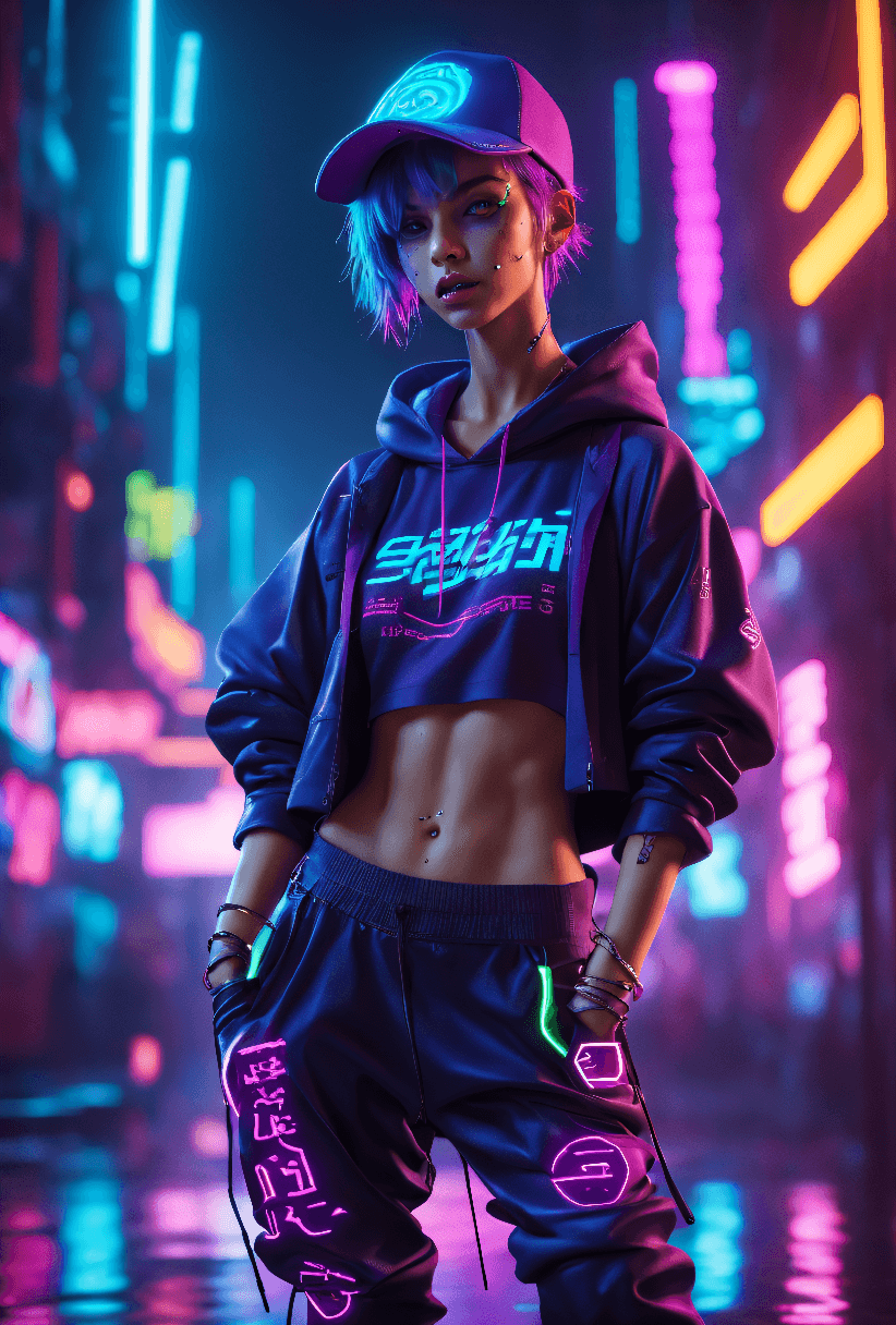 AI generated: neon noir beautiful young, thin, fit, short messy hair, intrincate details, baggy pants, t-shirt, (c...