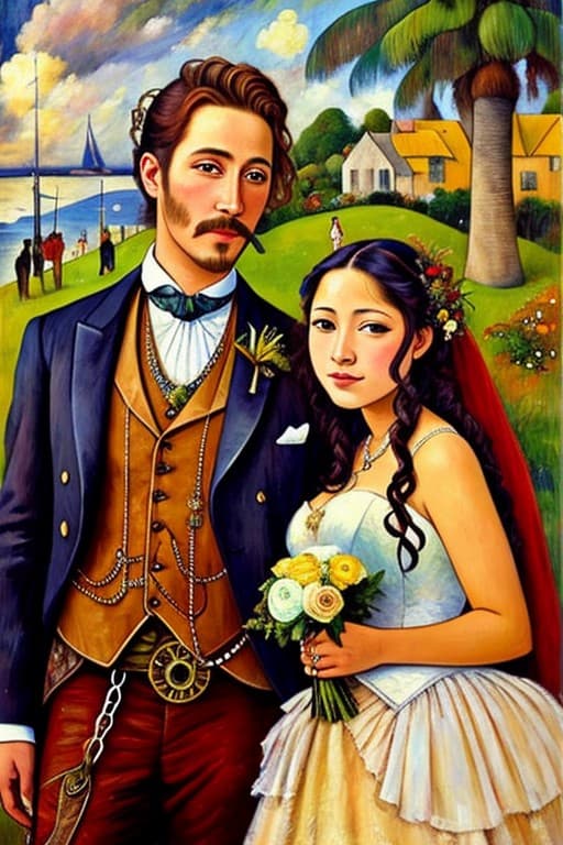 AI generated: steampunk wedding, style of Paul Gauguin, oil painting, textured, vibrant colours