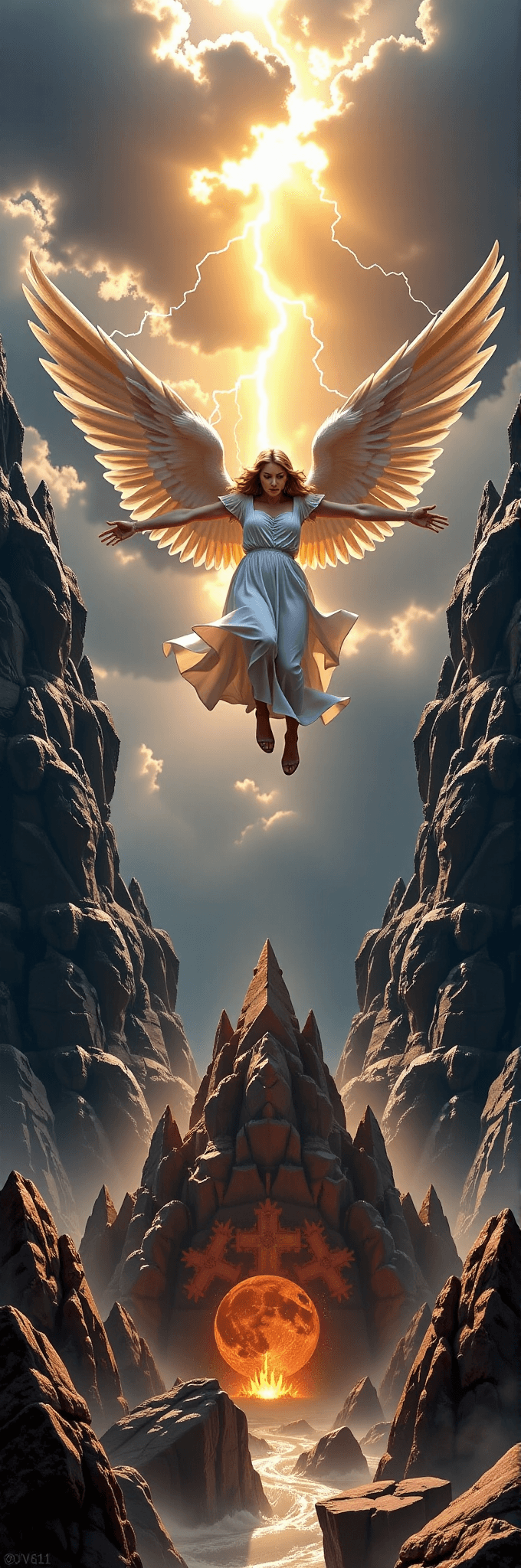 AI generated: Falling angel between peril and salvation: In the center, a majestic angel descends, wings spread wi...