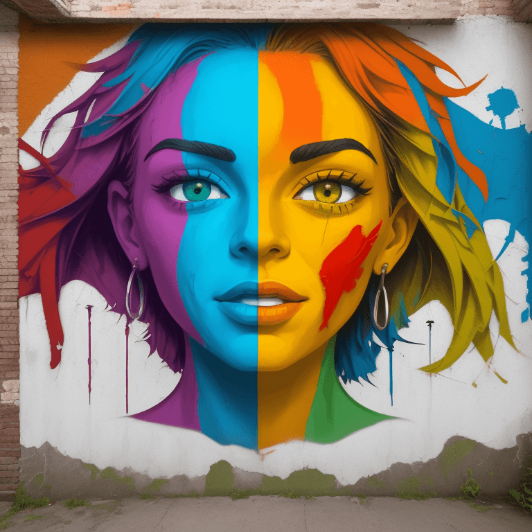 AI generated: Create an image of a mural on an aged urban wall, featuring the abstract face of a person. The face ...
