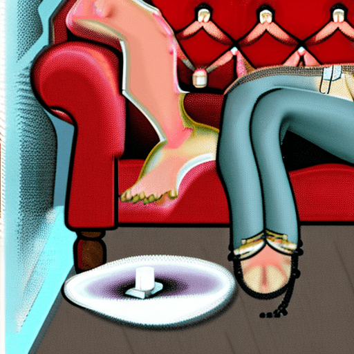 AI generated: realistic image, of an attractive and feminine female character, in a living room with a large red s...