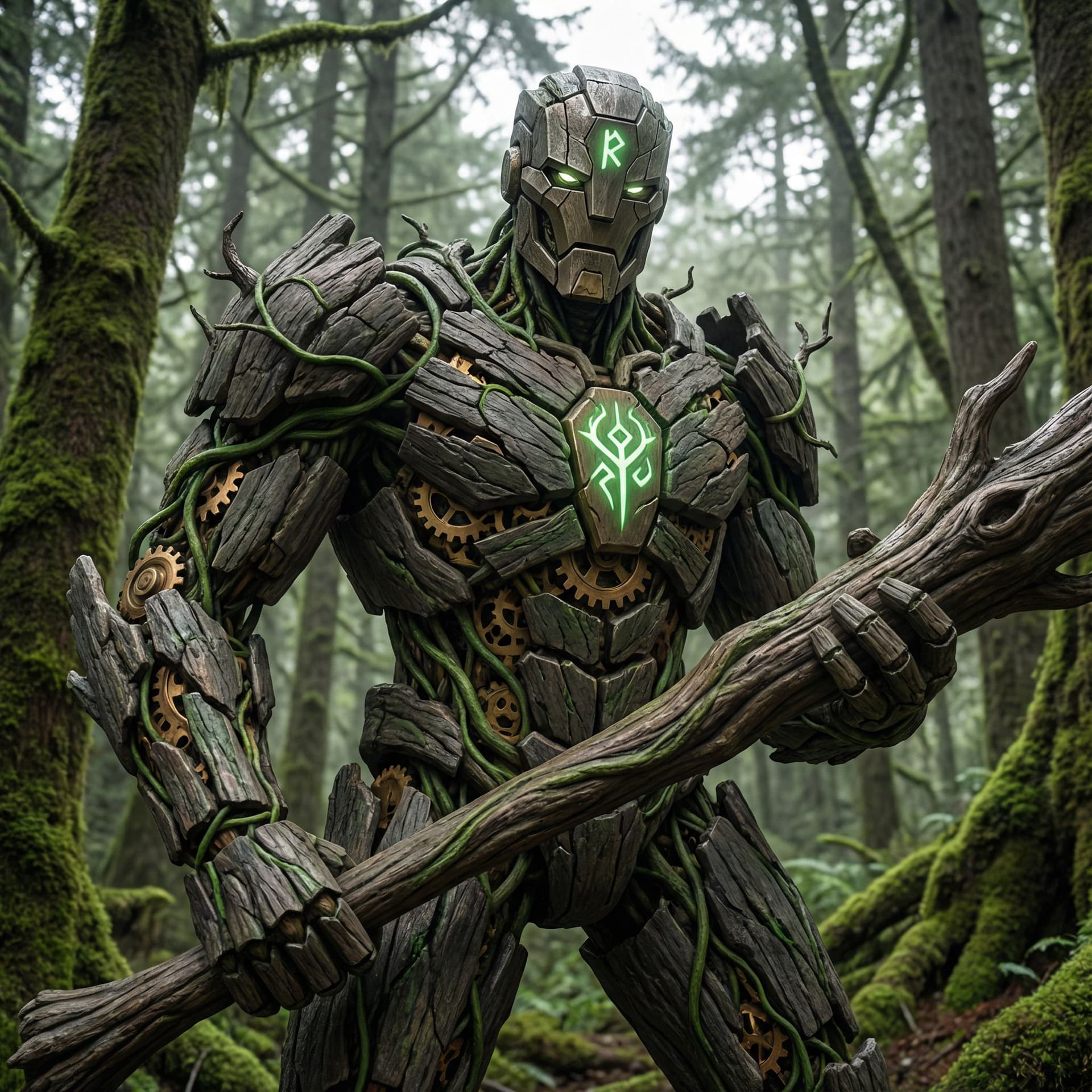AI generated: male warforged barbarian, made of petrified wood and vines, robotic face, wielding a great club, ste...