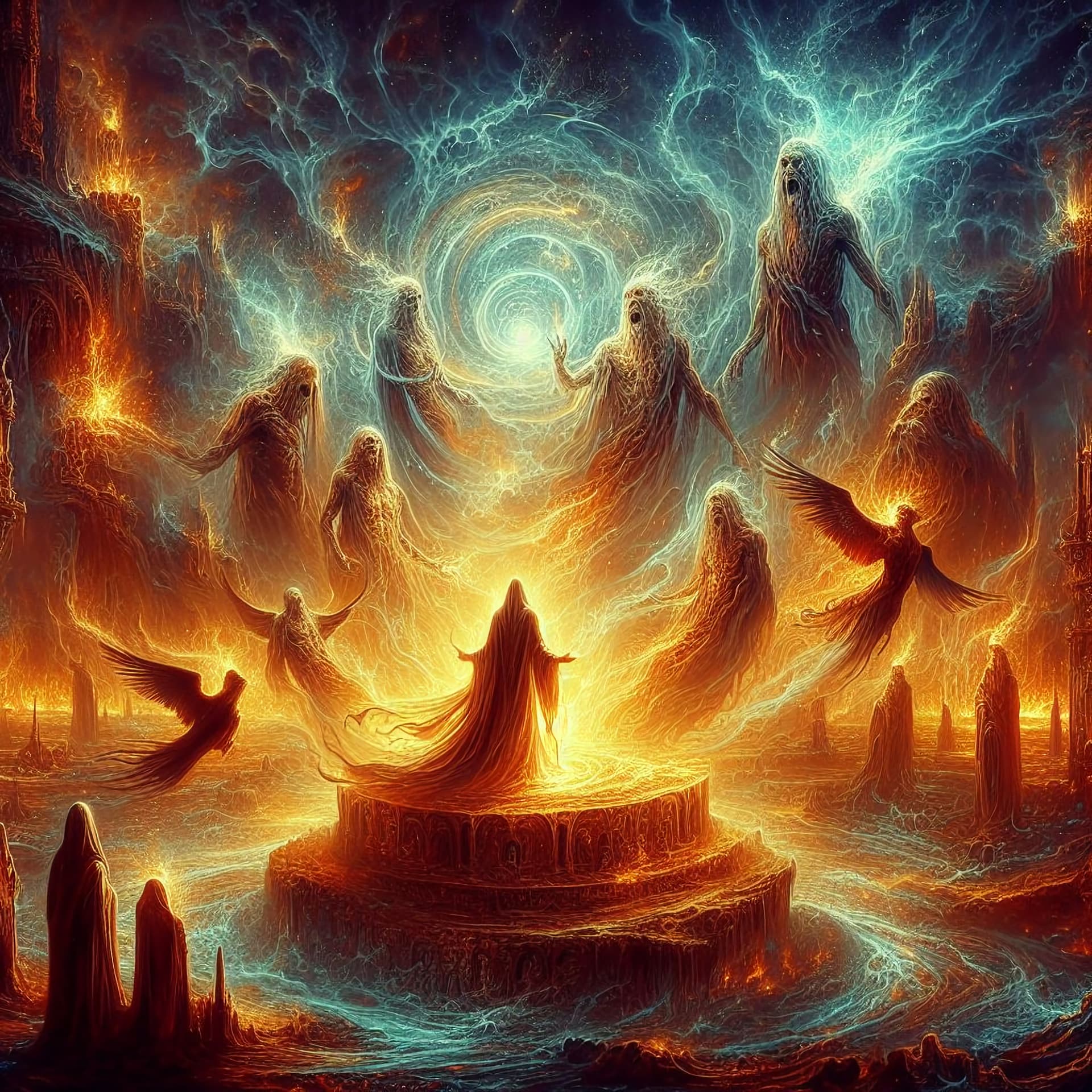AI generated: epische Szene vom Fegefeuer, dynamic lights, photorealism, very high detailed,,disturbing, nightmare...