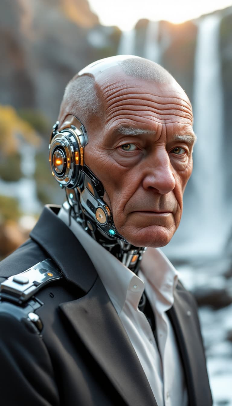 AI generated: An old middle-aged man with a crew cut, wearing a suit and a beauty robot in the Northern Territory ...