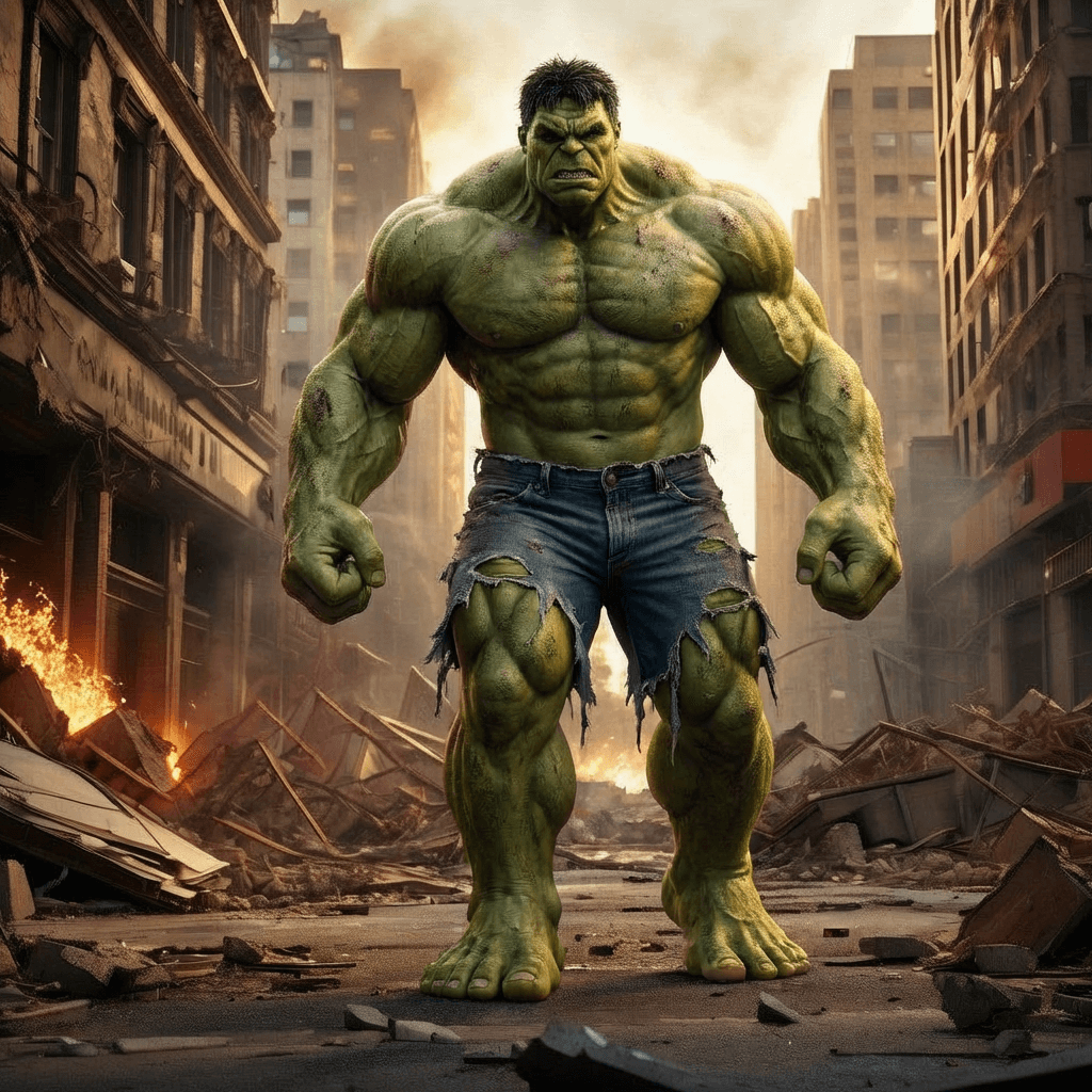 AI generated: The Hulk stands damaged clothes, showing signs of recent destruction and struggle. His massive green...