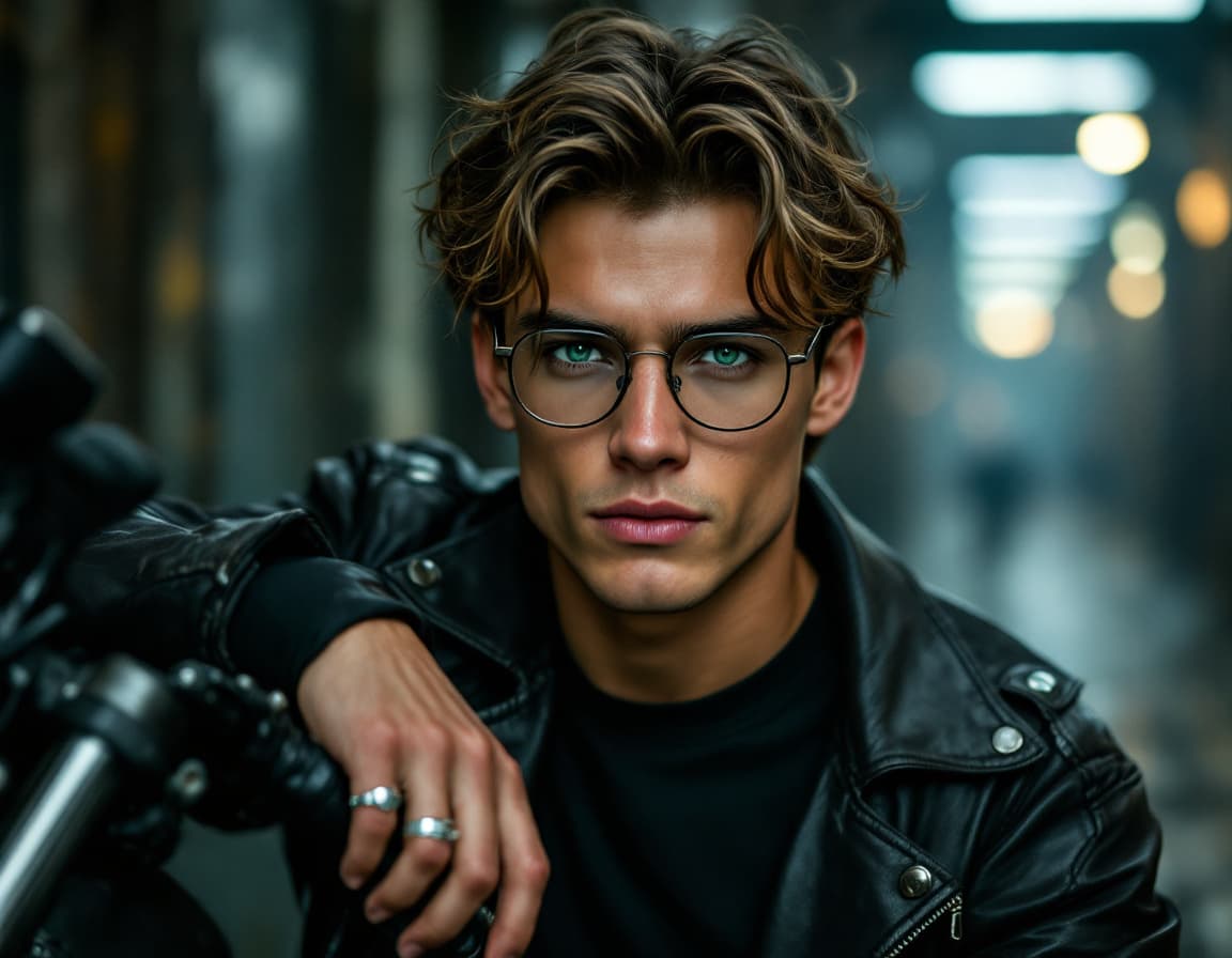 AI generated: Photography, cinematic half-body portrait of a striking 19-year-old male Instagram model with an ari...