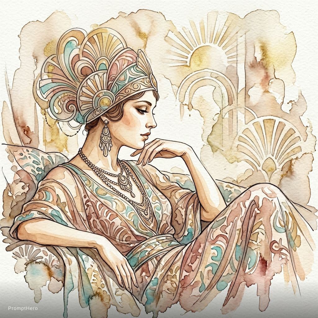 AI generated: An elegant Art Deco watercolor portrait of a reclining woman in profile. She rests her chin on her h...