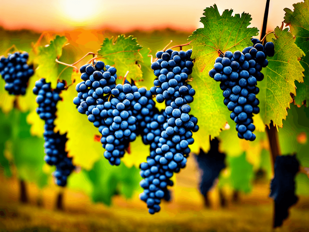 AI generated: close up one big bunches of grapes are hanging from a vine in a vineyard at sunset grape field with ...