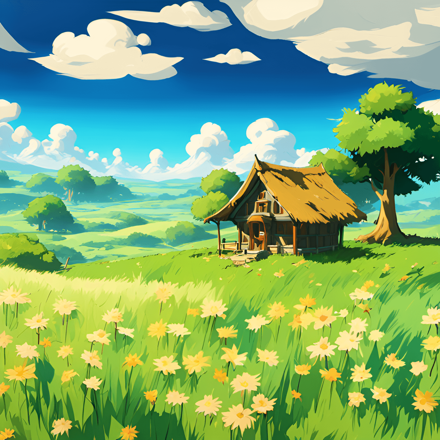 AI generated: materpiece,A grass field,house,inspire form zelda breath of the wild,(day:1.4),fluffy clouds