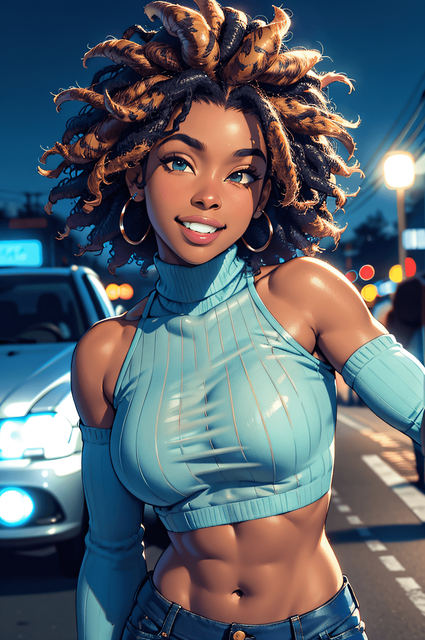 AI generated: masterpiece, best quality, a dark skinned black woman wearing a detailed green turtle neck sweater w...