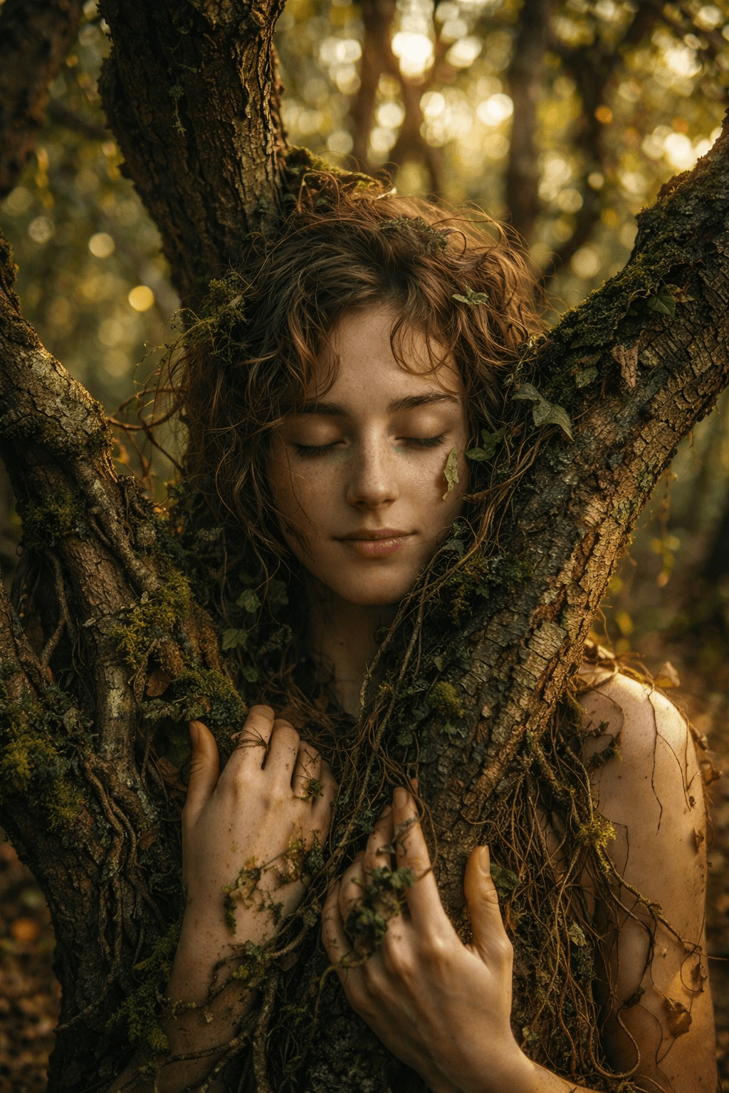AI generated: A mystical, nature-infused portrait video of a young woman entwined with an ancient tree, her body g...
