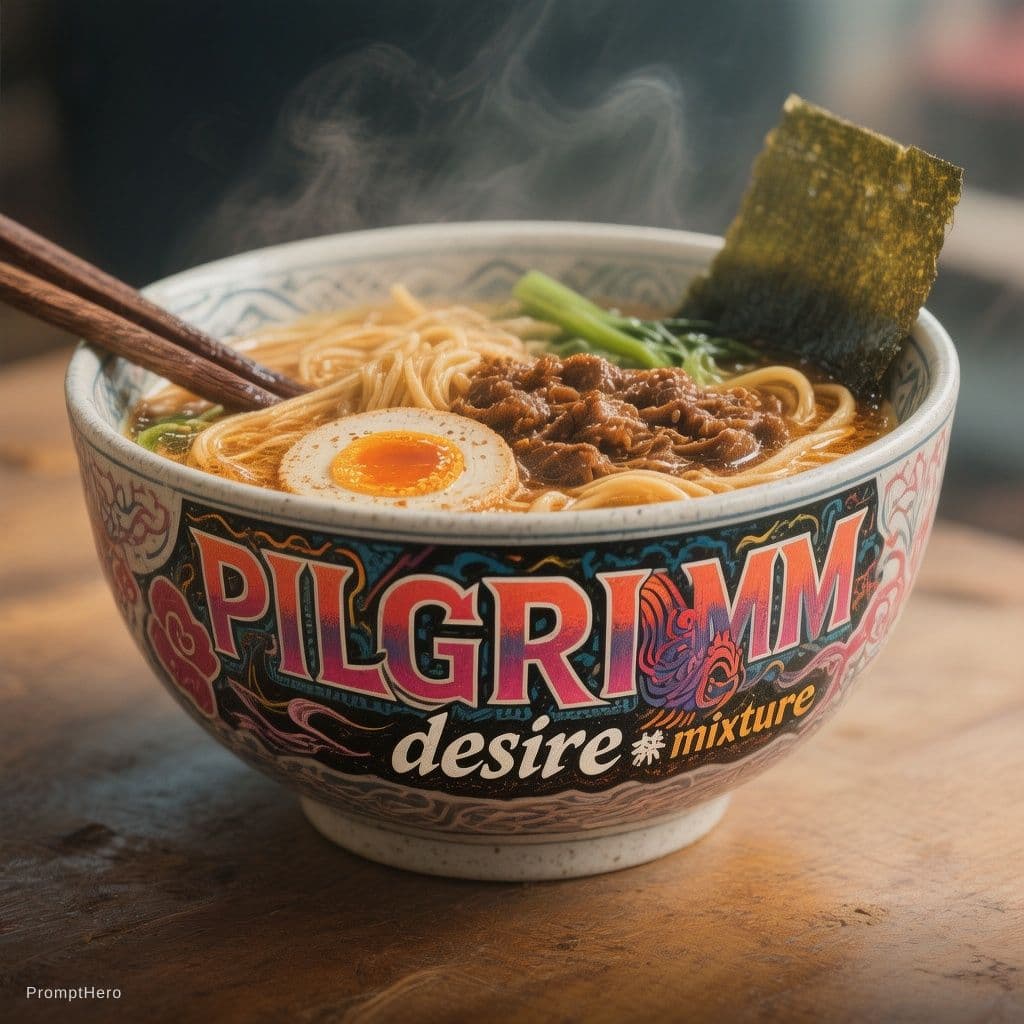 AI generated: Text 'PILGRIMM' with 'desire' in kanji under the M's, text font 'grindcore', text color 'gradient mi...