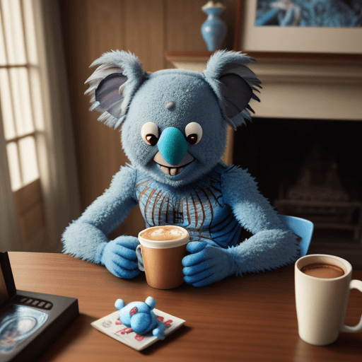 AI generated: blue koala as a muppet with spiderman costume, spongy texture, having a coffee on a wooden table, cl...