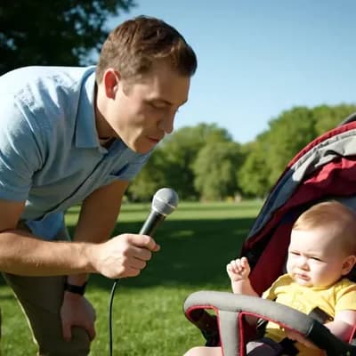 AI generated video: A short cinematic scene: A man in his 30s, wearing a casual shirt, holding a microphone, leans forwa...