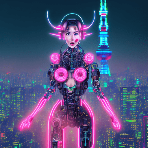 AI generated: A female cyborg demon, neon, tokyo skyline, bokeh, | centered| intricate| highly detailed| breathtak...