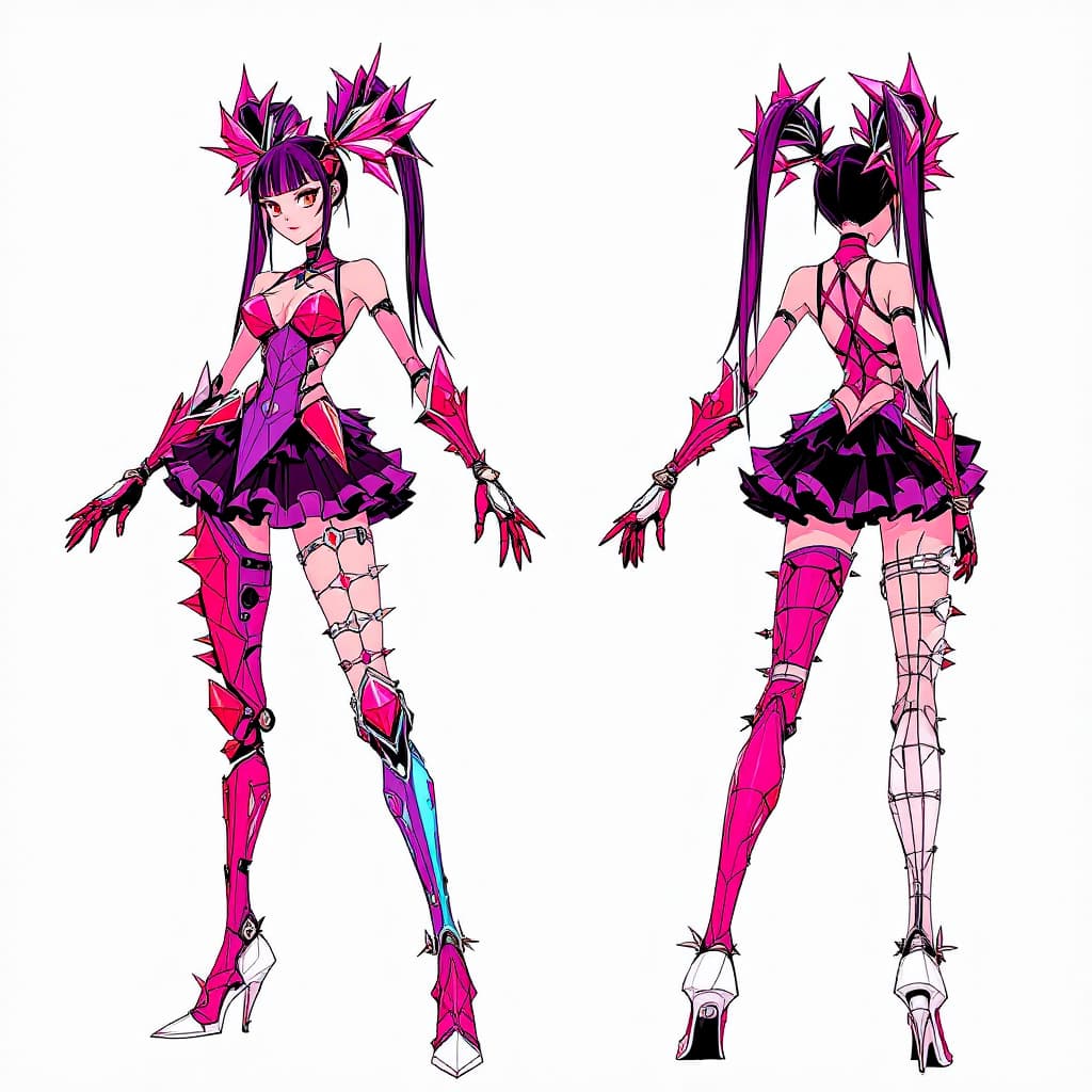 AI generated: Full-body reference of Vex, a delinquent magical girl with spiked ruby prosthetics (gem coated leg a...