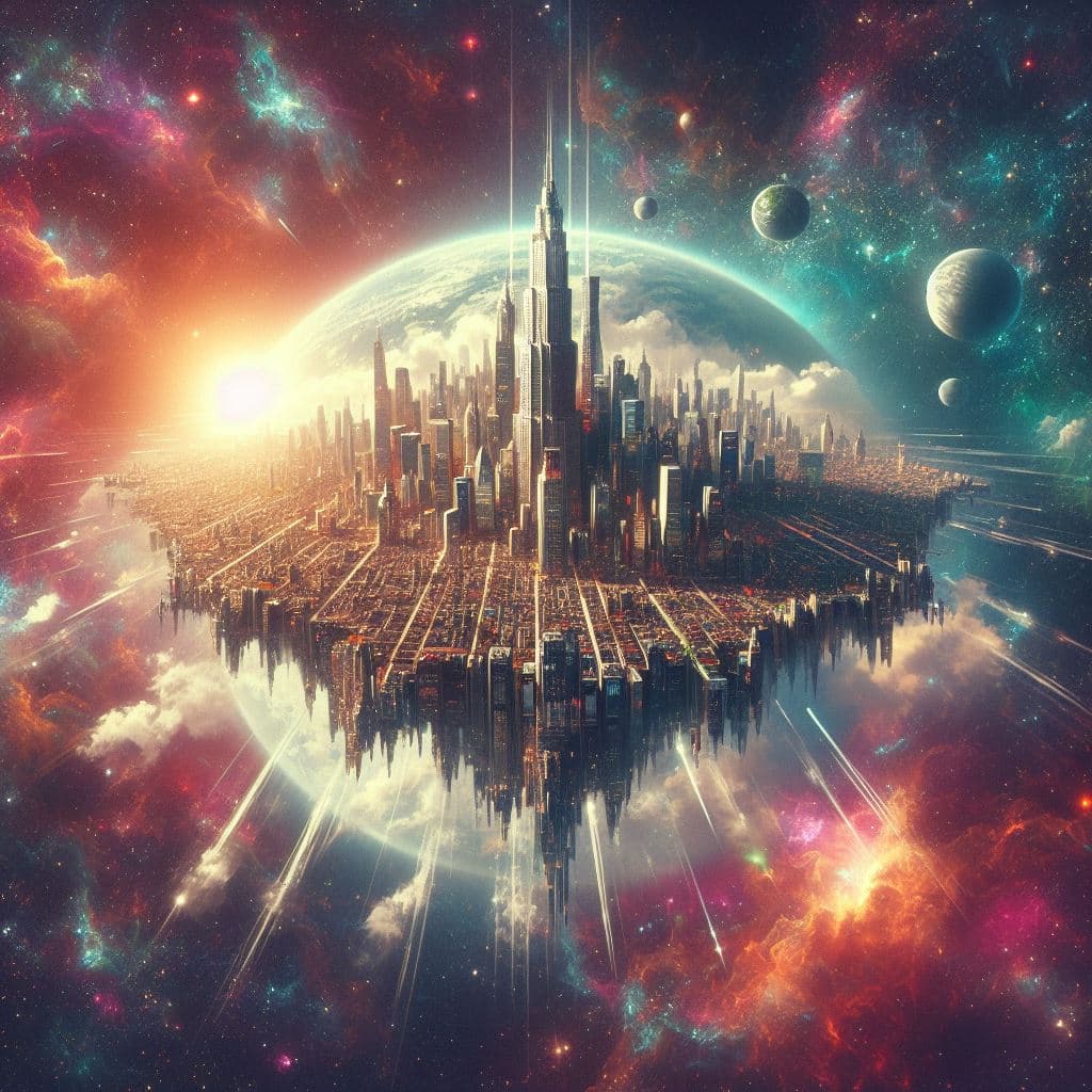 AI generated: Retro-Sci-fi concept of Cities in Flight, breathtaking sight of Manhattan as an island torn out of t...