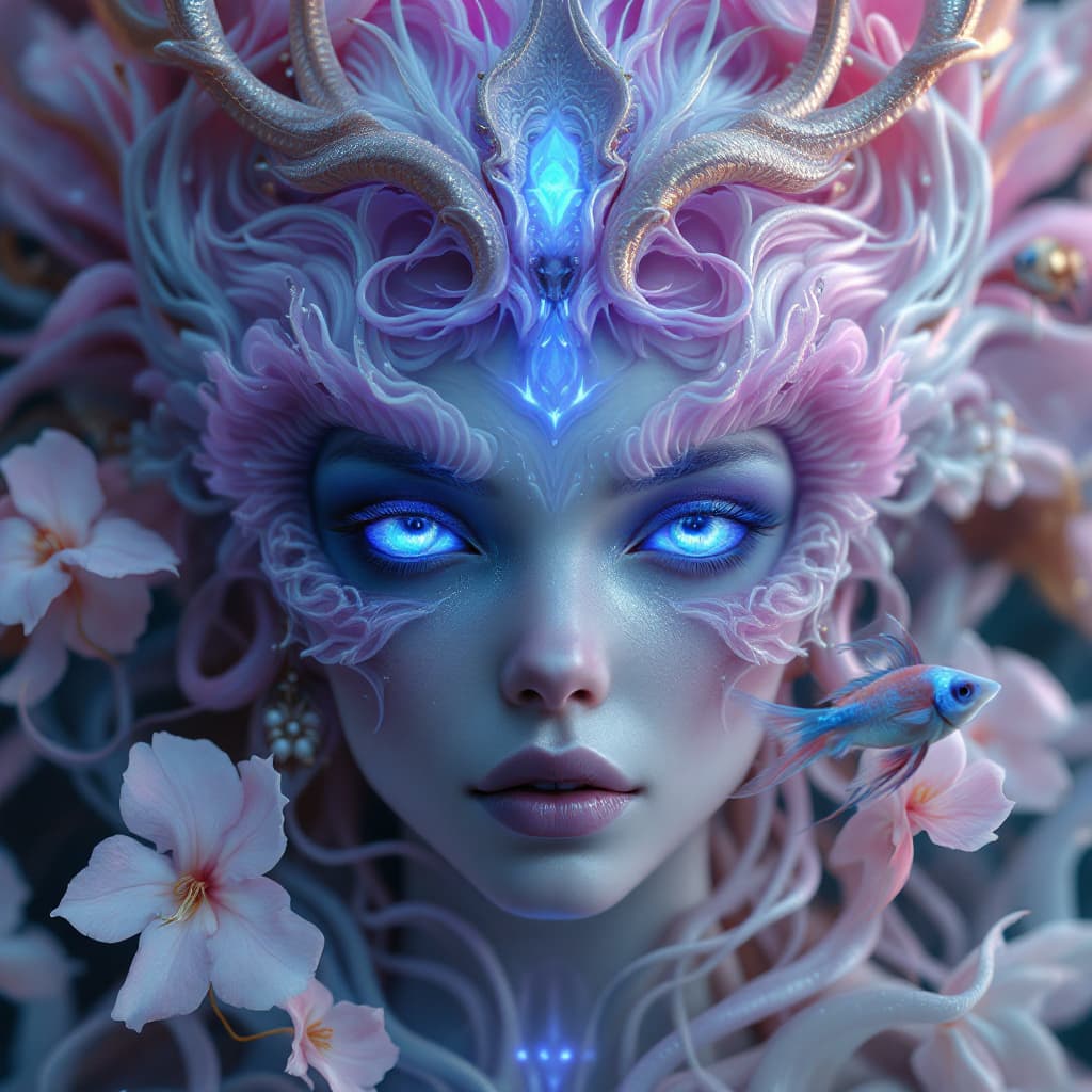 AI generated: Goddess close-up portrait ribcagel. jellyfish phoenix head, nautilus, orchid, skull, betta fish, bio...