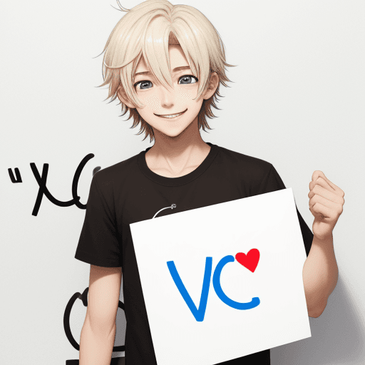 AI generated: anime boy slightly smiling holding a white sign with the letters "vc" written on it