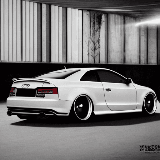 AI generated: Realistic render, white 2009 Audi A5 coupe, Widebody, cyberpunk, 8K, High quality
