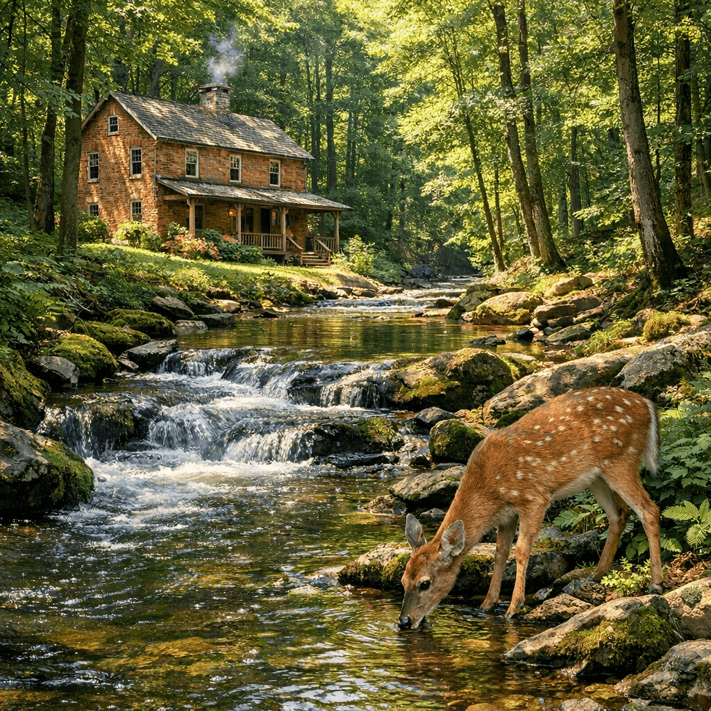 AI generated: A stream flowing amidst the green wood with a two storey brick house and a deer drinking the stream ...