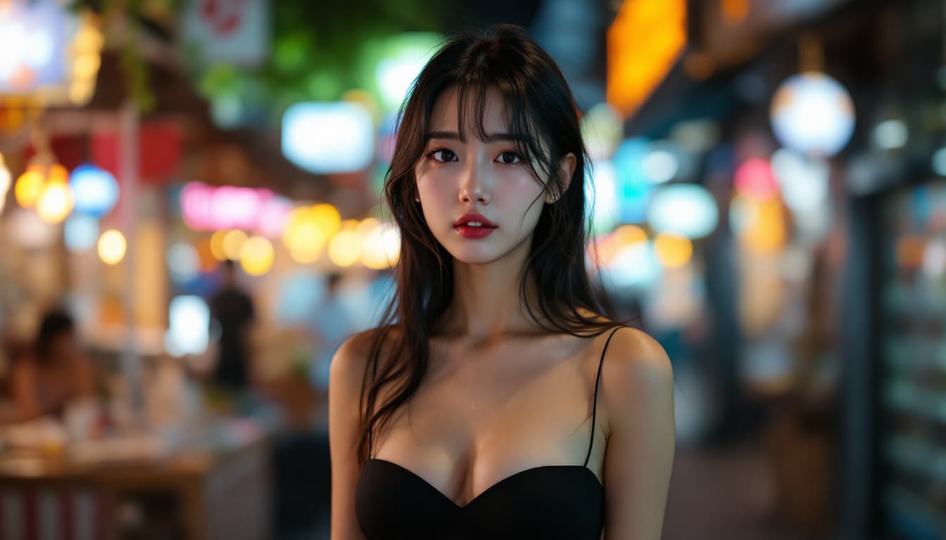 AI generated: Full body photo of Risa, a Japanese girl, wearing a black Strapless dress, Make a solemn expression,...