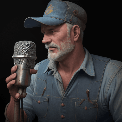 AI generated: Blue tractor man sings into a microphone, old metal, on black background, cinematic, hyper realism, ...