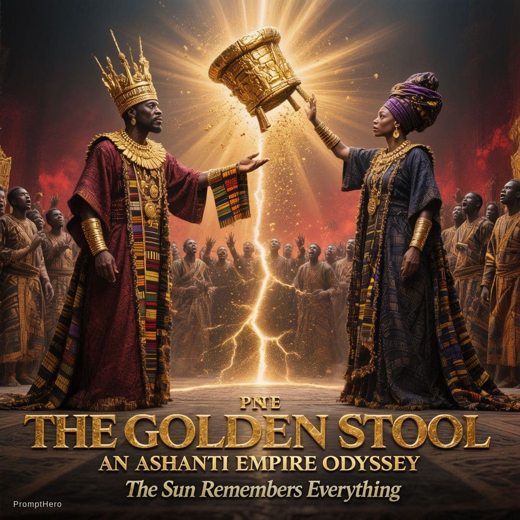 AI generated: Cinematic movie poster for "The Golden Stool: An Ashanti Empire Odyssey," Episode 9 — "What Fire Lea...