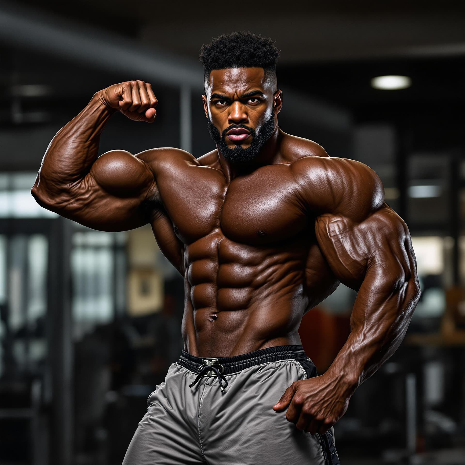 AI generated: a black bodybuilder in gym shorts giving a power pose