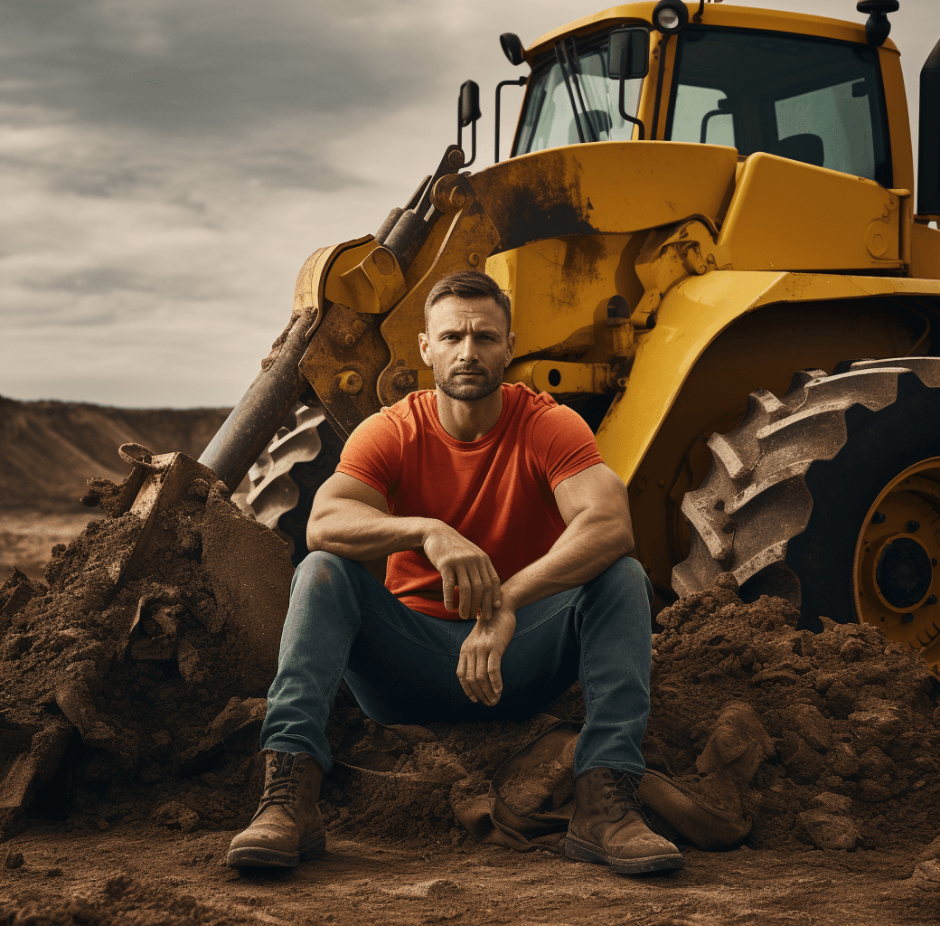 AI generated: man with blue shirt and tools sits against a red bulldozer, in the style of nikita veprikov, photo t...